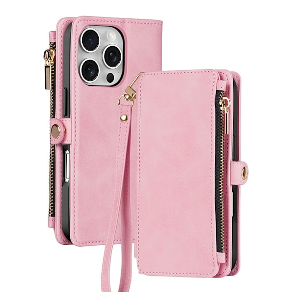 Etui til iPhone 16 Plus pink neutral opp taske pung crossbody lynlåstaske