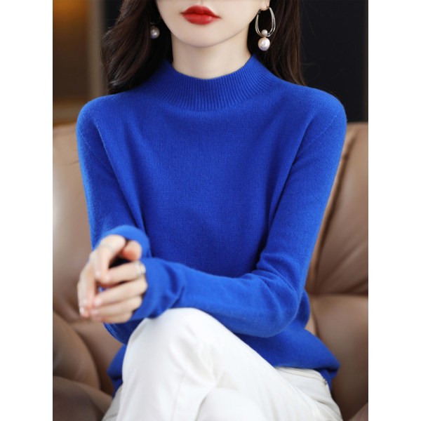 Kvinner strikkeplagg Høst Vinter Genser Hel ull Halv Turtleneck Front Line Plagg Base Pullover Klein blue XL