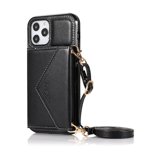 Etui til iPhone 14 sort multifunktionel pung kortholder crossbody rem