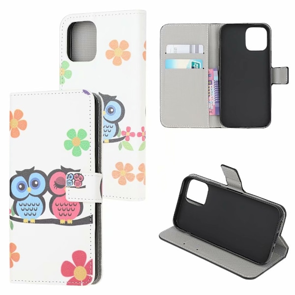 Etui til iPhone 13 Pro Par ugle malet læder kort slot pung print