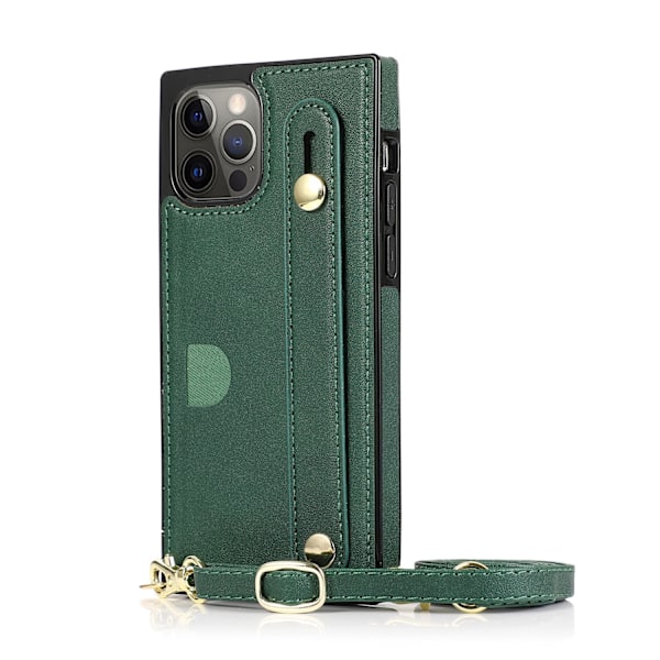 Kotelo iPhone 13 Pro 201 vihreälle takakorttipaikalle kaulanauhalla ja crossbody-pidikkeellä