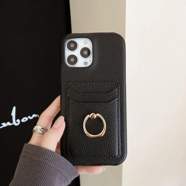 Etui til iPhone15pro lychee tekstur kortholder dobbelt sort læder ring spænde følelse