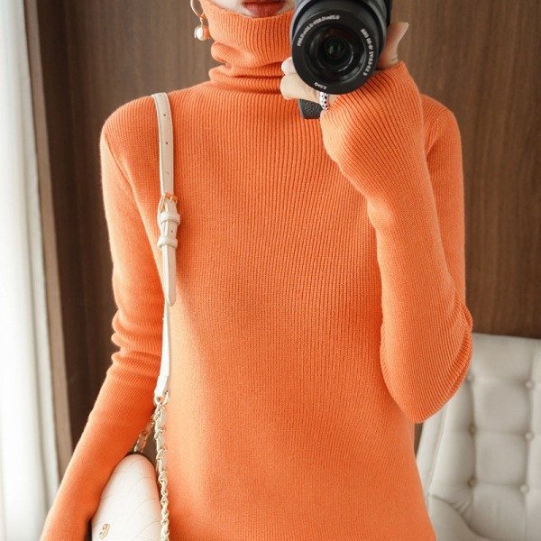 Kvinder strik efterår vinter sweater bunkekrave ensfarvet indre slid bundskjorte slim sweater Orange XXL