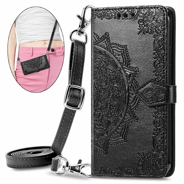Fodral för iPhone15 svart japansk koreansk budväska långt snöre midja crossbody