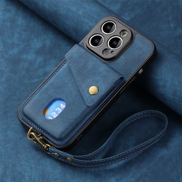 Fodral för iPhone 13 Pro Max blått läder solid hudkänsla snodd bil magnetiskt spänne korthållare