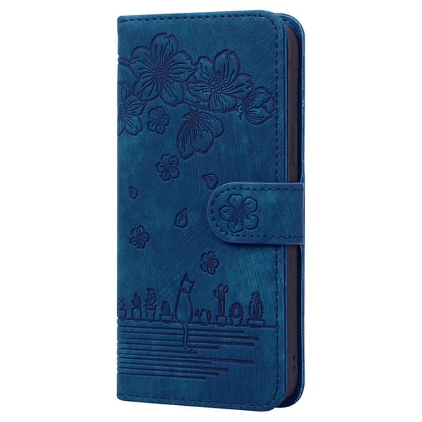 Etui til iPhone 13 Pro Kongeblå Preget Katteblomst Lær Etui Preget Kirsebærblomst