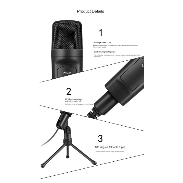 Shenzhen Styrke Direkte Tilførsel 3,5 mm Grensesnitt Kondensator Mikrofon Datamaskin Live Karaoke Spill Mikrofon med Brakett Black suit