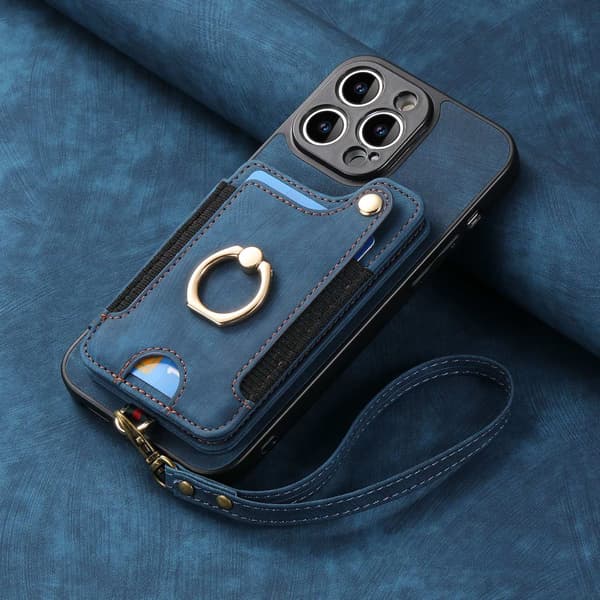 Etui til iPhone 15 Pro blå [med lærrem] anti-tyveri børste ring spenne rem multi funksjon