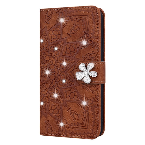 Etui til iPhone 14 brun diamantpræget solsikke læder diamantpalads blomster kalvemønster