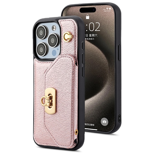 iPhone 13 Pro -kotelo, ruusukullanvärinen olkalaukku, lompakko, korttipaikka, olkanahka