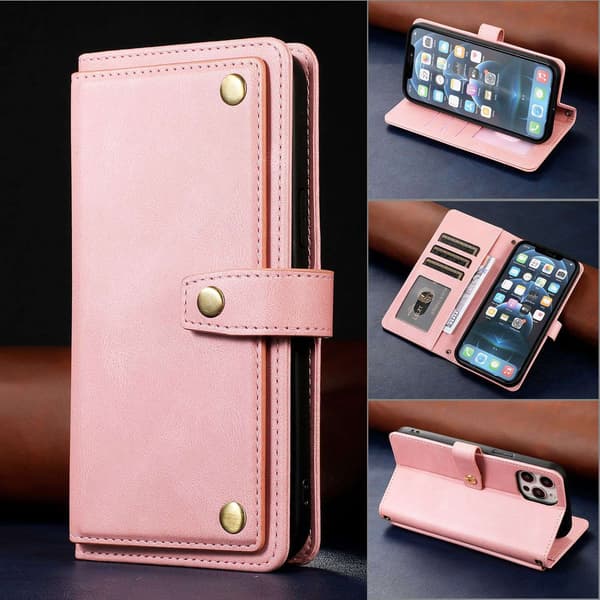 Fodral för iPhone 13 Pro Max 6.7 rosa retro läder flip multifunktion kortplats