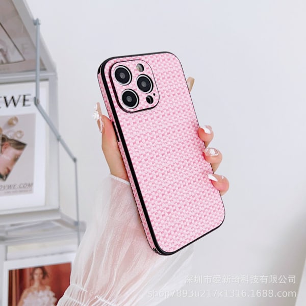 Fodral för iPhone 14 rosa fyrkantig vävd läder full