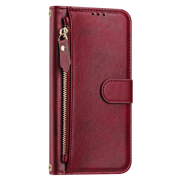Etui til iPhone15pro mørkerød solid multi kort lynlås kortpung læder