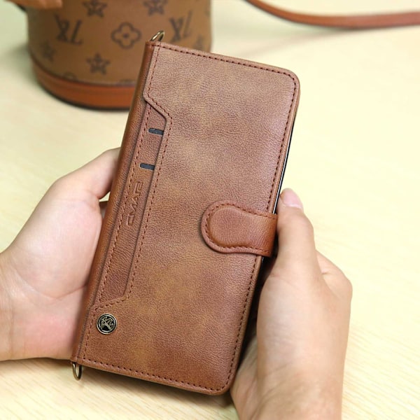 Kotelo iPhone 13 Pro Max -puhelimelle, ruskea, monikorttinen, nahkainen, läppäkorttipaikka, crossbody