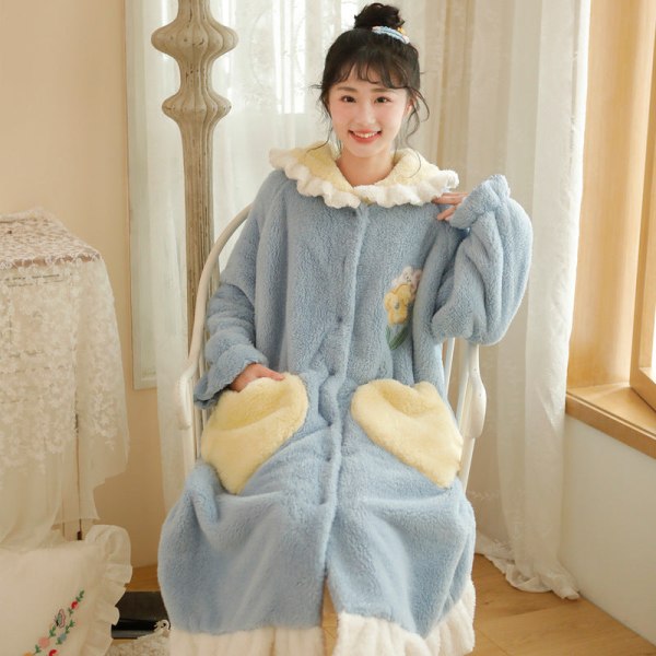 Coral fleece aamutakki paksunnettu naisten pyjamat söpöt lämpimät pitkät korallifleece-oloasut blue XL