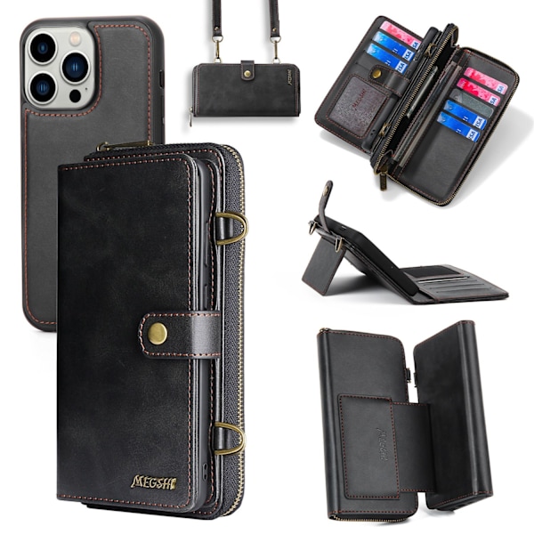 Etui til iPhone 14 Pro sort læder crossbody multifunktionel pung