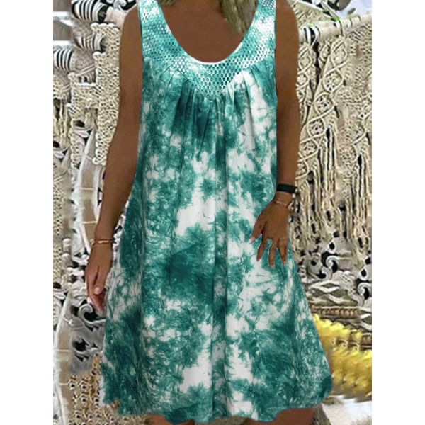 Sexy Mesh Stitching U-Neck Sleeveless Casual Printed Pocket Dress Pink M