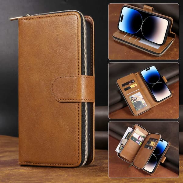Fodral för iPhone 13 6.1 Tan Zipper Multicap Läderplånbok