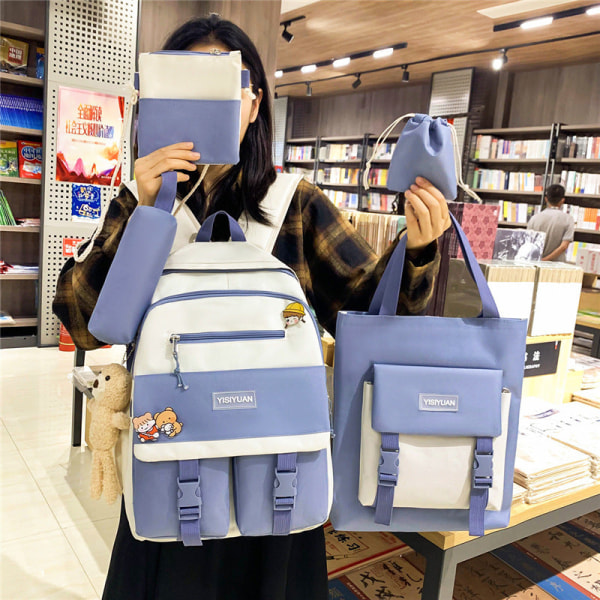 Ny femdelt skolesekk kvinnelig koreansk Harajuku Kontrastfarge Stor kapasitet Blue with white