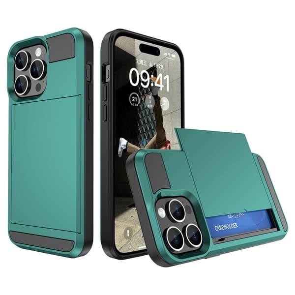 Fodral för iPhone 14 Pro Max skjutbart kortfack fabriksblå slot armor