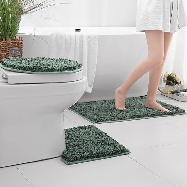 3 stk Toalettsetetrekk Tykkere Chenille Tredelt gulv Absorberende teppe på badet Dark green 40*60cm