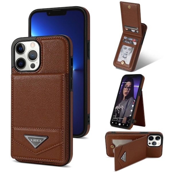 Deksel til iPhone 14 Pro 6.1 Stort Hull Kaffe Kortholder Stativ Innsetting Enkel Full Anti-fall