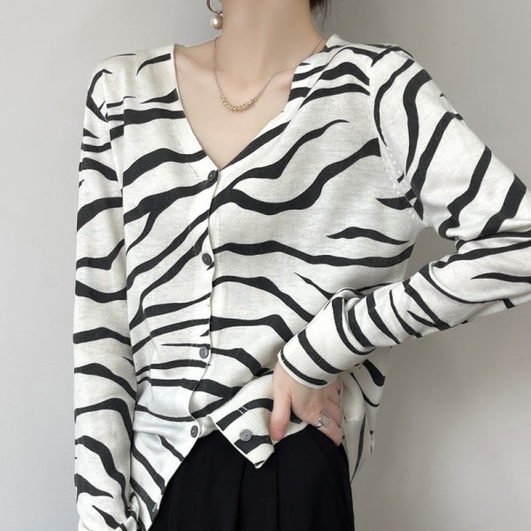 Kvinder Strik Efterår Vinter Sweater V-hals Zebra Print Ulden Sweater Løs Cardigan Yderbeklædning Top White L