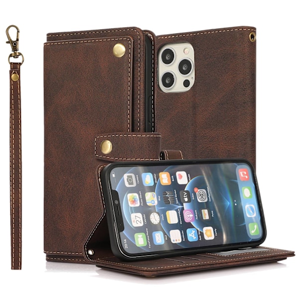 Fodral för iPhone 14 kaffe drömsk multi cap läder crossbody anti fall plånbok