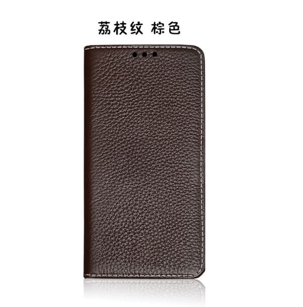 Fodral för iPhone 14 Pro lychee brun utan spänne läderkant