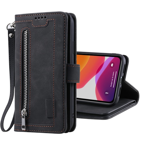 Etui til iPhone 13mini sort retro lynlås ni kort wallet magnetisk læder
