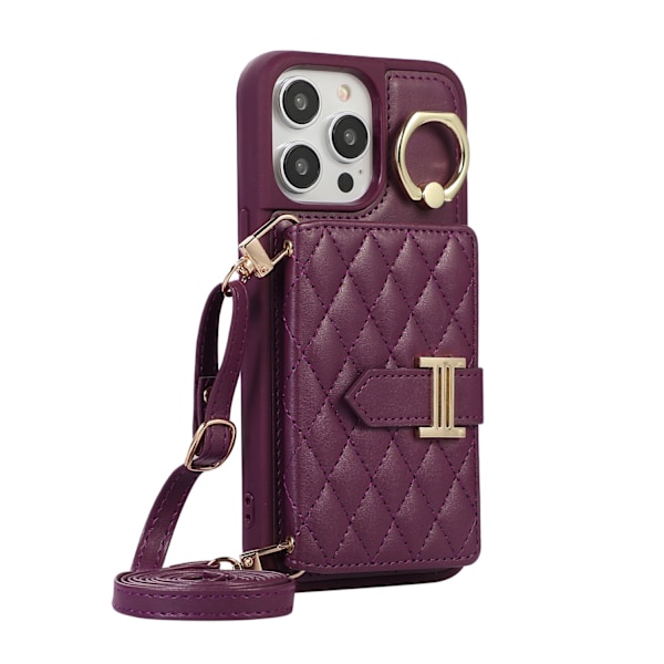 iPhone 14/13 -kotelo, tumman violetti, pitkät ja lyhyet kaulanauhat, ylellinen ins-korttipaikka, rengassolki, crossbody