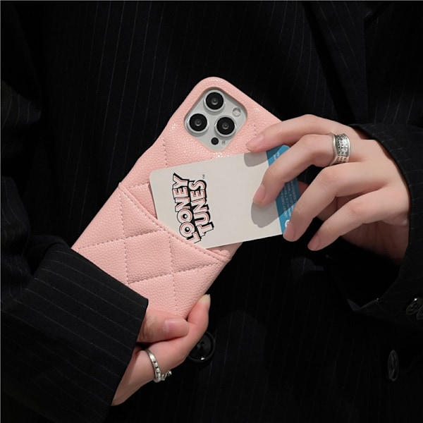 Fodral för iPhone 14Pro lychee mönster diamant rosa kortplats ins läder snodd hård