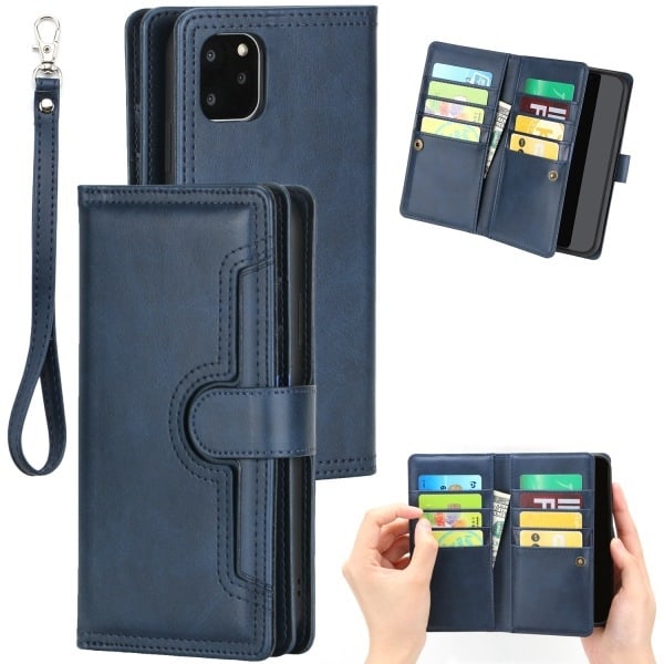 Fodral för iPhone 14 Pro Max mörkblå retro multifunktion läder kortplånbok multi-kort
