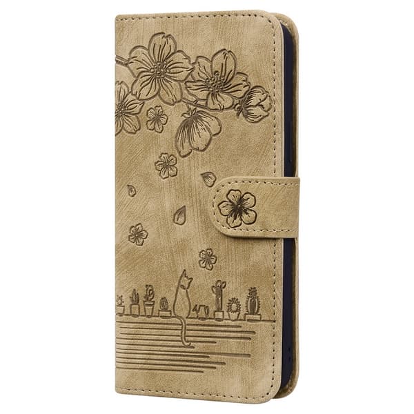Etui til iPhone 13 Pro Brun Preget Katteblomst Lær Etui Preget Sakura