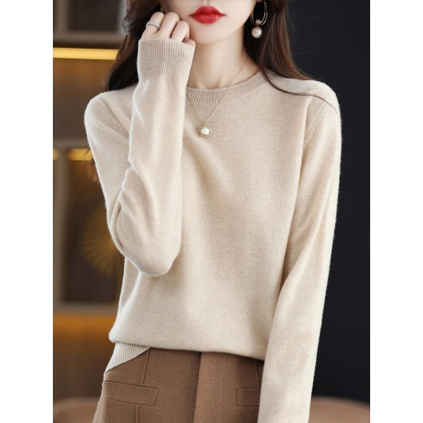 Damestrik efterår vinter sweater ensfarvet rund hals pullover langærmet slankende bund Beige 85*56*56cm