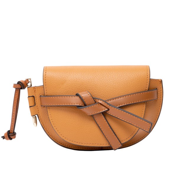 Women Leather Handbag Mini Mobile Phone Bag Trendy Leather Packet Crossbody Bow Saddle Bag Light brown