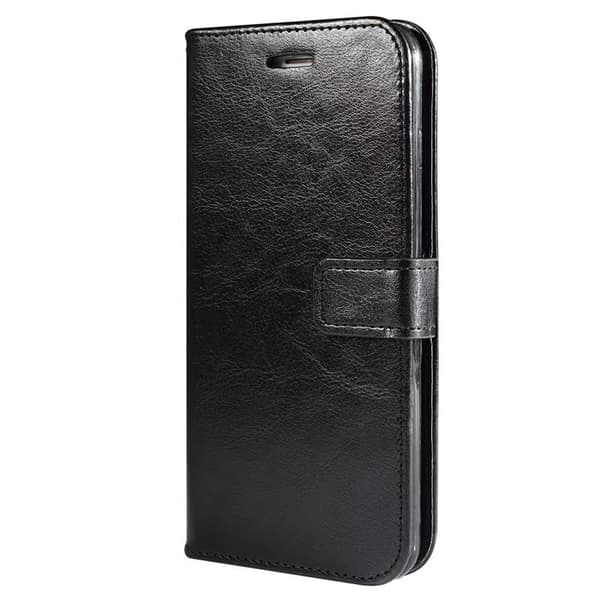 Etui til iPhone 14 Pro Max, svart crazy horse-lær, rektangulær spenne, ensfarget