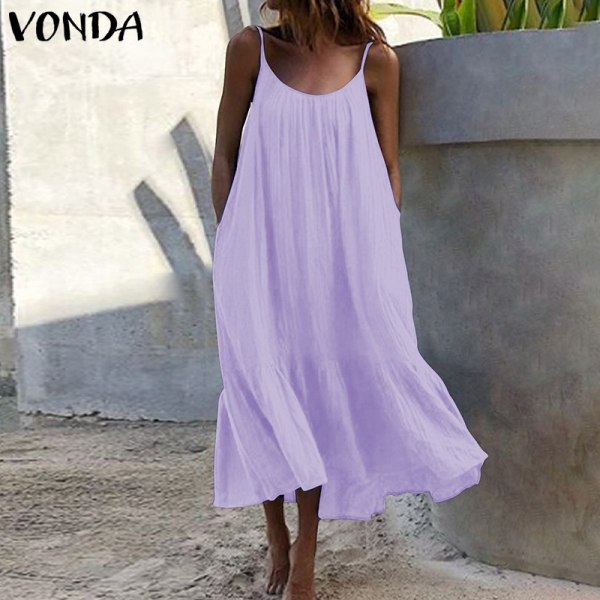 Flæsede ensfarvede kjole Ærmeløs løs spaghettirem formel kjole Purple XL
