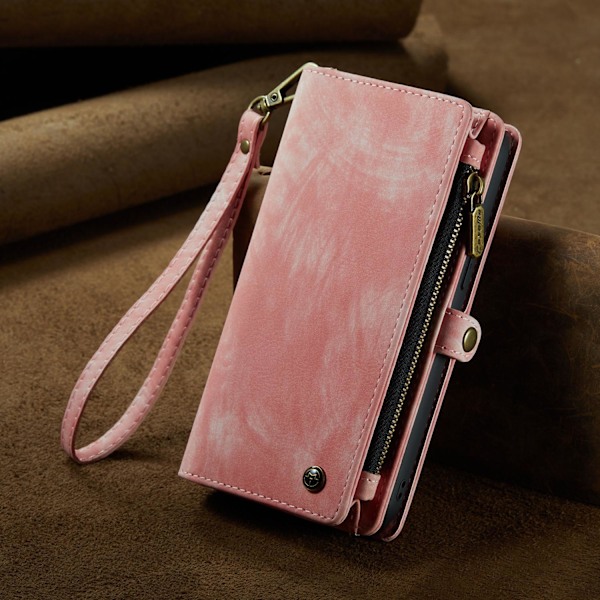 Fodral för iPhone 14 Pro rosa läder snodd dragkedja plånbok kort