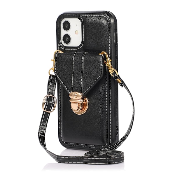 Etui til iPhone 16, sort, moderigtigt crossbody-design med kortholder og hardware