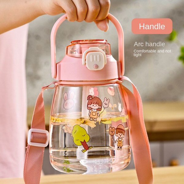 Drikkeflaske for barn Søt for barn Stor kapasitet Big Belly Plast Sports Portable Space Strap Pink 1L