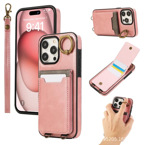 Etui til iPhone 15 Pro Max pink kortslot multifunktionelt læder