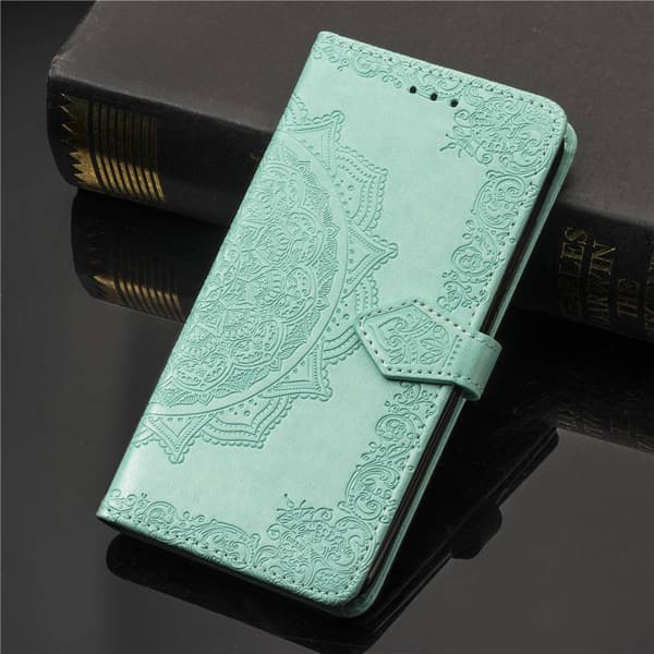 Etui til iPhone 16 Pro blå mandala lær preget blomst koreansk