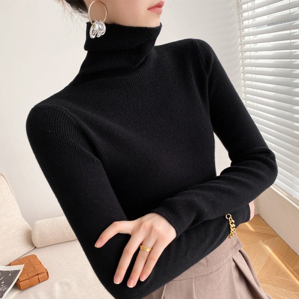 Naisten Neuleet Syksy Talvi Neule Turtleneck Slim Fit Inner Wear Pusero Nukka kaulus Pohja Black XL