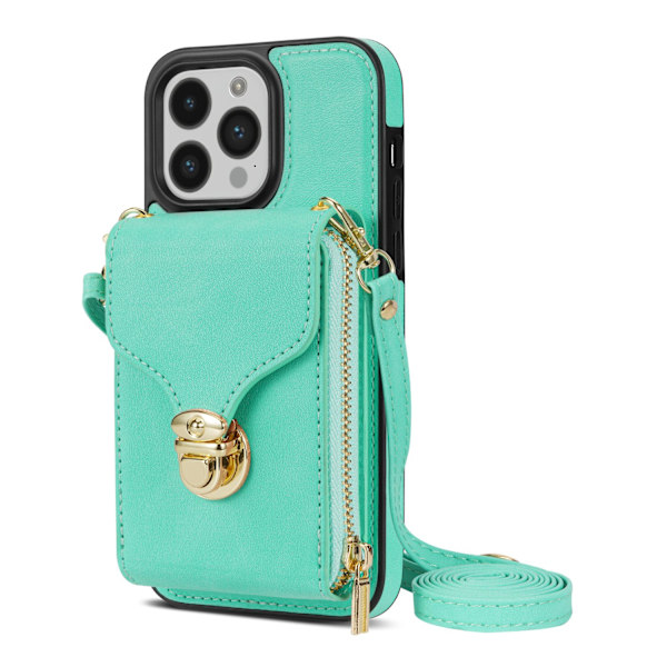 Fodral för iPhone 14 Pro grön snodd dragkedja crossbody spänne plånbok stativ multi kort full packa