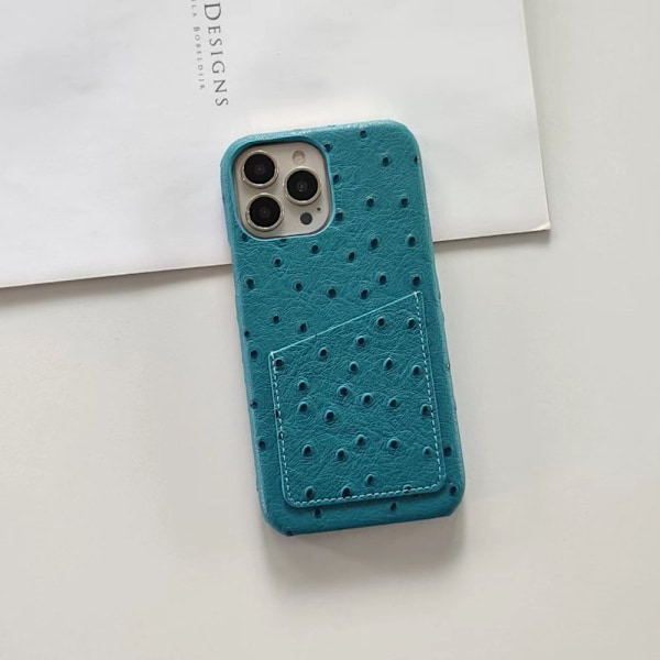 Kotelo iPhone 16e:lle, riikinkukonsininen strutsimainen kuvio, kolikko- ja korttipidike, lämmönpoisto