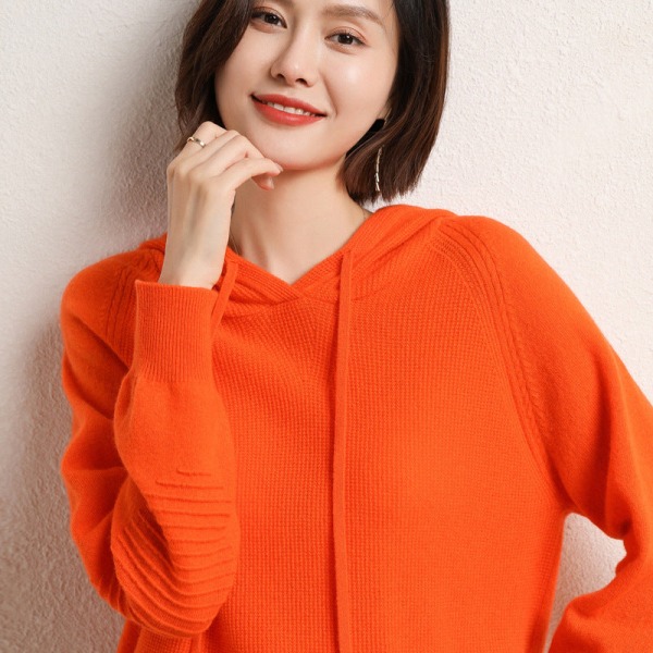 Kvinnor stickat höst vinter tröja huvtröja Lös mångsidig enfärgad topp Pumpkin color XXL