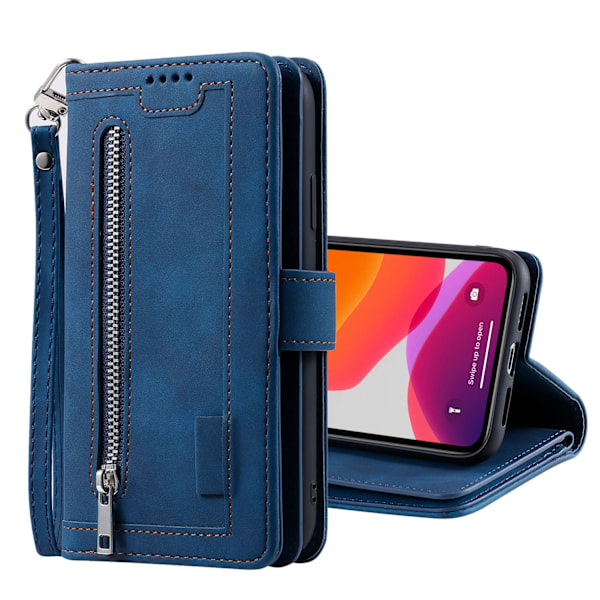 Etui til iPhone 14 blå retro lynlås ni kort pung magnetisk læder