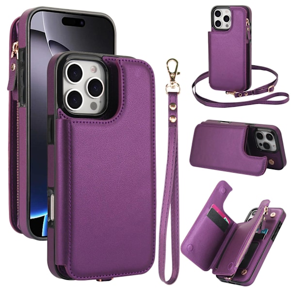 Tumma violetti iPhone 14PLUS -kotelo lyhyellä rannehihnalla, varkaudenestolla, pyyhkäisytoiminnolla ja korttipaikalla