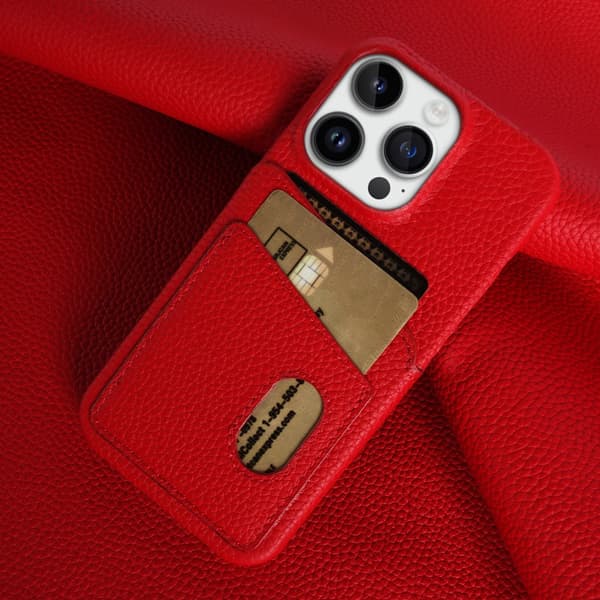 Kotelo iPhone 13 Pro:lle, punainen nahka, litsi, korttipaikka